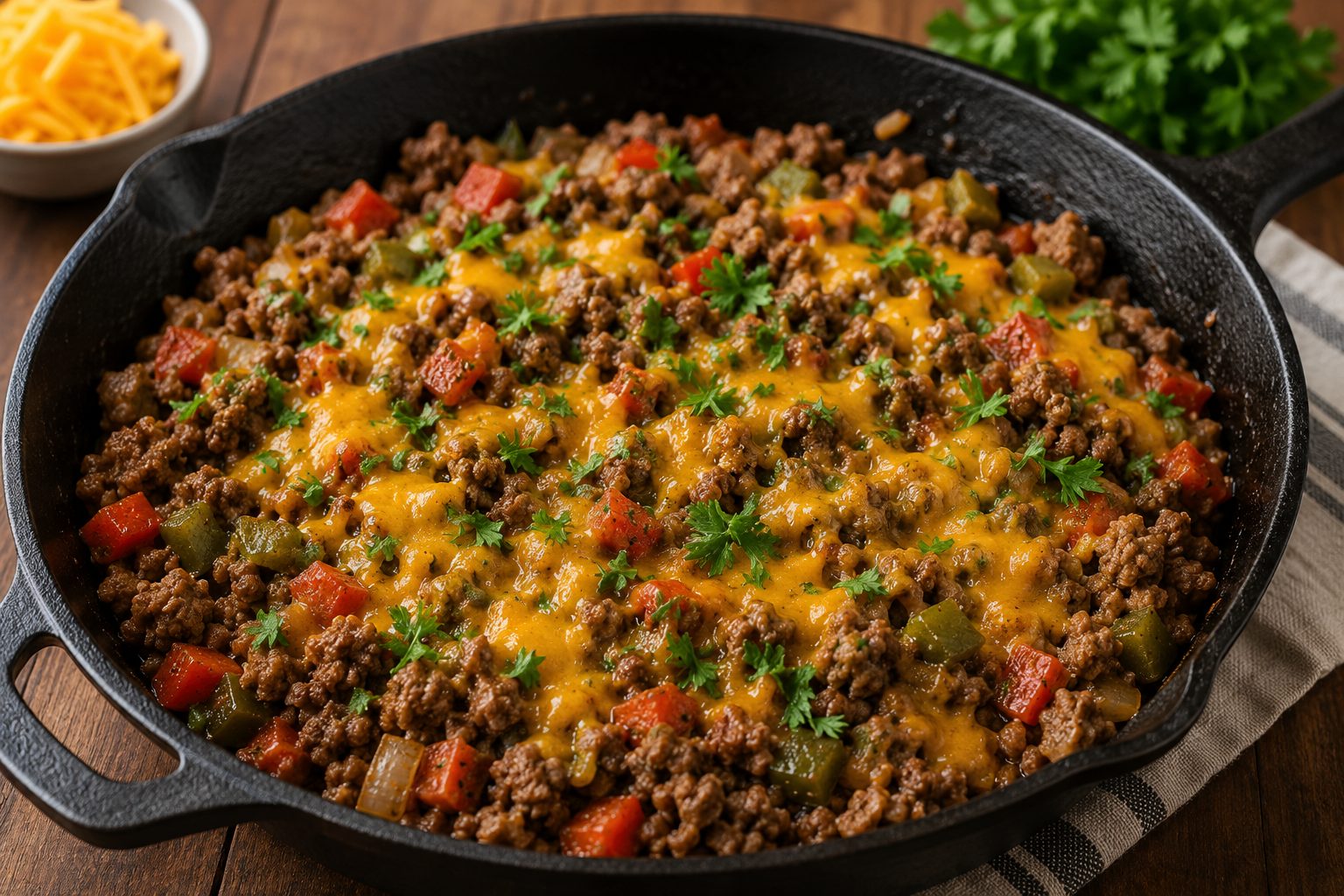 Ground deer meat skillet with peppers, onions, melted cheddar cheese, and fresh parsley in a cast iron pan