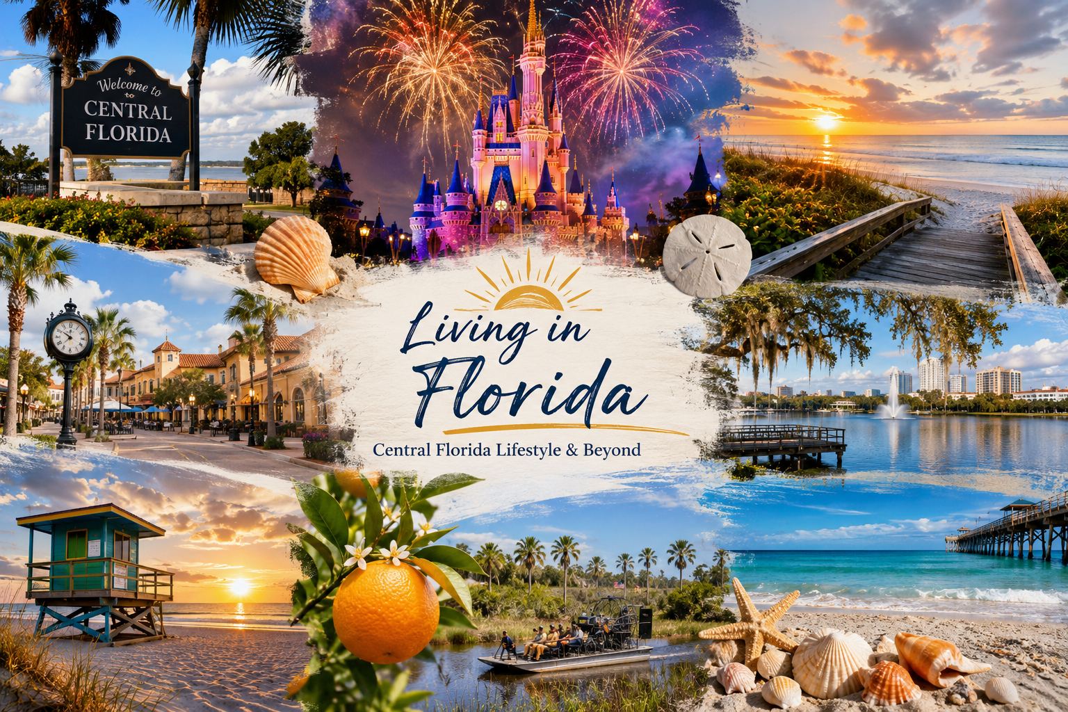Living in Florida collage — Central Florida landmarks including Disney fireworks, a downtown lakefront, palm-lined streets, beaches, and orange groves