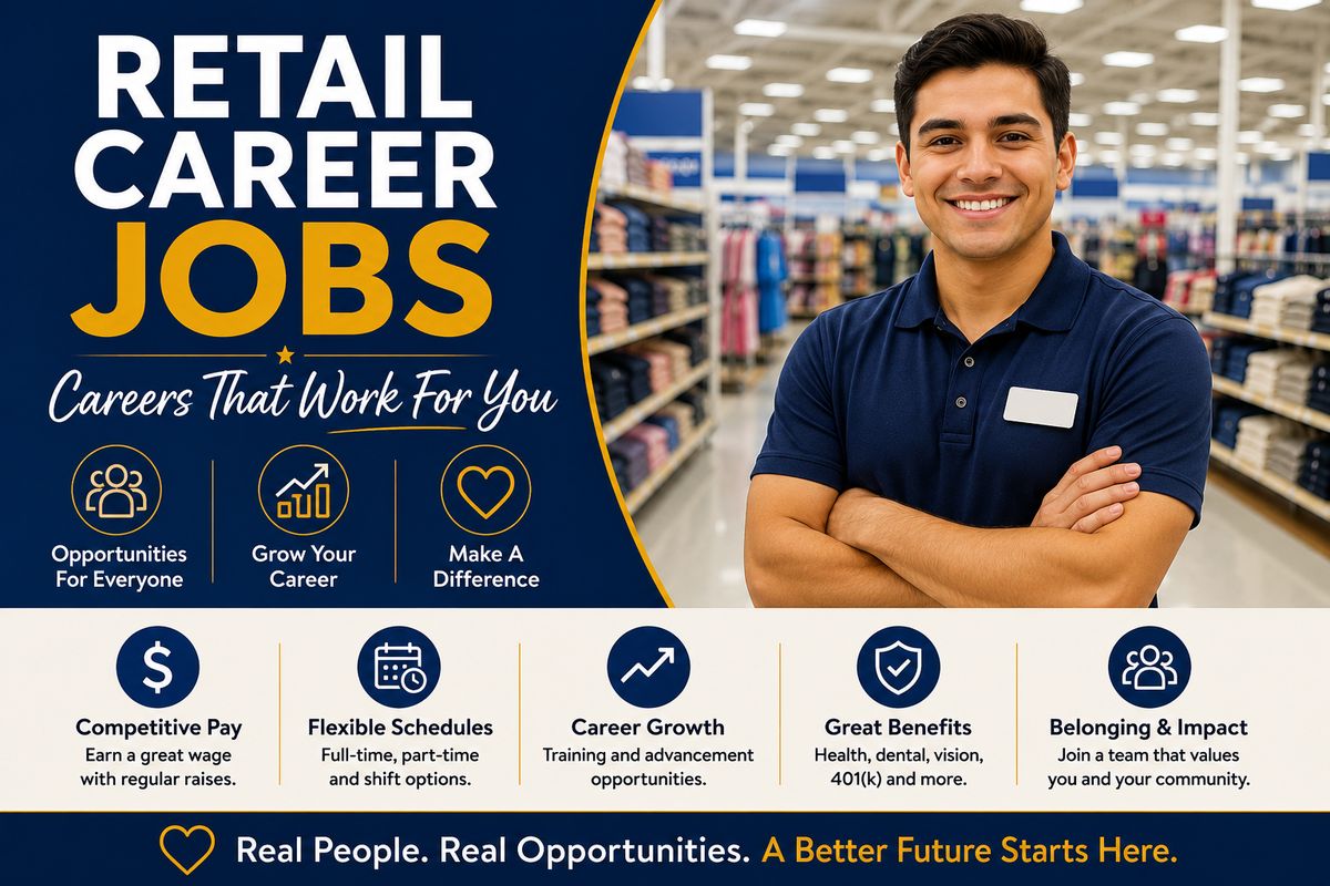 Retail career jobs — smiling associate in a store aisle, careers that work for you